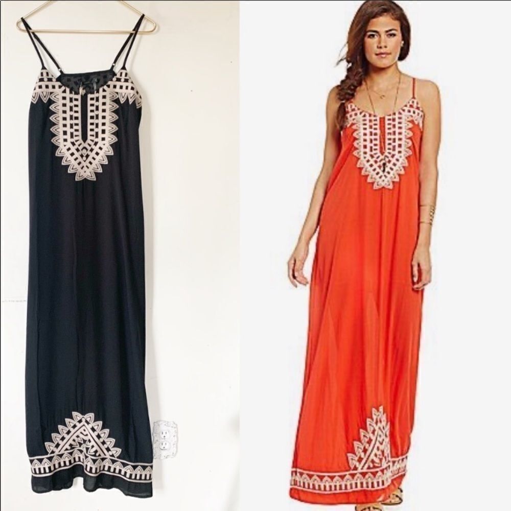 THML Chiffon‎ V-Neck Embroidered Maxi Dress Black S